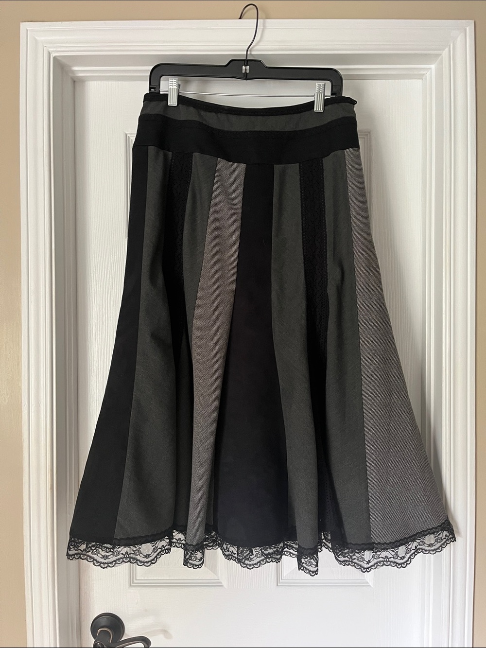 Women's Black and Gray Paneled Circle Skirt with Lace Hem
